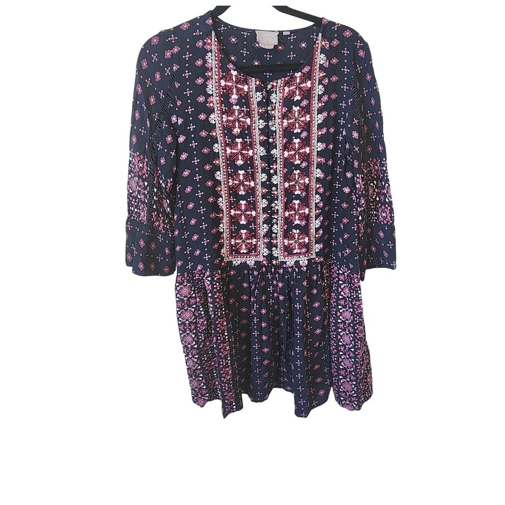 Anthropologie‎ Starla Embroidered Beaded Boho Tunic Top Floral Gypsy Peasant, Lg
